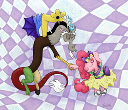 Size: 2171x1864 | Tagged: safe, artist:syncallio, discord, pinkie pie, pony, g4, bipedal, clothes, dancing