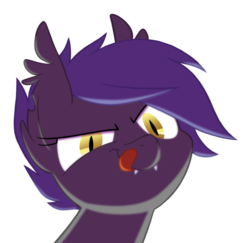 Size: 907x880 | Tagged: safe, artist:equestria-prevails, oc, oc only, oc:midnight blossom, bat pony, pony, bueno, cute, cute little fangs, licking lips, rapeface, simple background, solo, tongue out, transparent background
