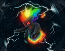 Size: 1000x787 | Tagged: safe, artist:sonicsketch, rainbow dash, g4, badass, dark, female, flying, glowing, lightning, male, rain, solo, sonic the hedgehog, sonic the hedgehog (series), storm, super rainbow dash