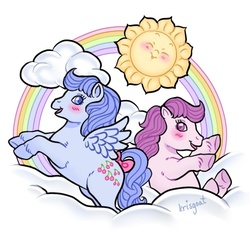 Size: 500x500 | Tagged: safe, artist:krisgoat, g1, blushing, cloud, cloudy, frolic in the sky, sun