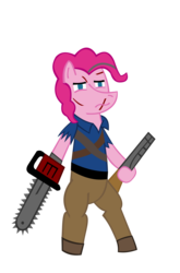 Size: 1360x2055 | Tagged: safe, artist:jewelsfriend, pinkie pie, pony, g4, ash williams, bipedal, chainsaw, crossover, evil dead, female, gun, shotgun, simple background, solo, transparent background, weapon