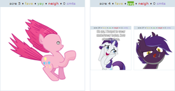 Size: 519x272 | Tagged: safe, pinkie pie, rarity, oc, oc:midnight blossom, bat pony, pony, g4, clothes, exploitable meme, image macro, juxtaposition, juxtaposition win, juxtaposition winception, meme, underwear