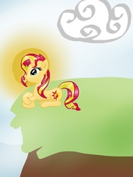 Size: 768x1024 | Tagged: safe, artist:emberstar11, sunset shimmer, pony, unicorn, g4, cliff, female, lying down, prone, smiling, solo, sun, sunshine shimmer, when she smiles