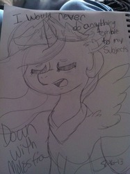 Size: 500x669 | Tagged: safe, artist:doodleanswers, princess celestia, g4, down with molestia, drama, photo, traditional art