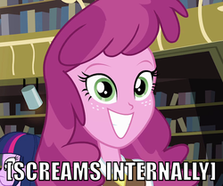 Size: 717x600 | Tagged: safe, cheerilee, equestria girls, g4, cheerilee is not amused, image macro, meme, shit eating grin, x internally