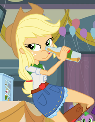 Size: 395x506 | Tagged: safe, screencap, applejack, spike, dog, equestria girls, g4, bottle, drink, drinking problem, female, solo, spike the dog, wat