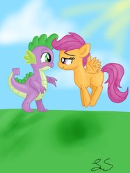 Size: 1024x1371 | Tagged: safe, artist:some-pegasister, scootaloo, spike, g4, blushing, female, male, ship:scootaspike, shipping, straight