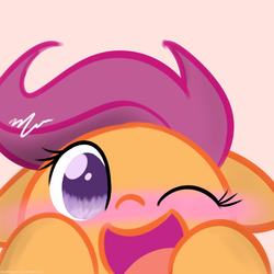 Size: 1920x1920 | Tagged: safe, artist:deathnyan, scootaloo, pegasus, pony, g4, blushing, cute, cutealoo, female, filly, floppy ears, foal, one eye closed, open mouth, simple background, solo