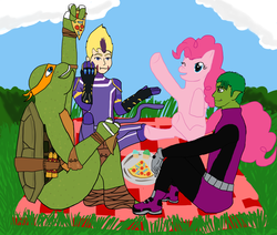 Size: 1024x870 | Tagged: safe, pinkie pie, earth pony, human, pony, g4, beast boy, code lyoko, crossover, female, male, mare, michelangelo, odd della robbia, teen titans, teenage mutant ninja turtles