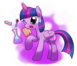 Size: 1330x1140 | Tagged: safe, artist:hoyeechun, twilight sparkle, alicorn, pony, g4, beaker, erlenmeyer flask, female, licking, licking lips, magic, mare, note, one eye closed, pipette, science, solo, telekinesis, test tube, tongue out, twilight sparkle (alicorn)