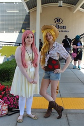 Size: 3456x5184 | Tagged: safe, artist:drpepperswife, artist:eillahwolf, applejack, fluttershy, human, g4, clothes, convention, cosplay, dress, everfree northwest, everfree northwest 2013, irl, irl human, photo