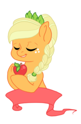 Size: 418x643 | Tagged: safe, artist:savvypants, applejack, g4, alternate hairstyle, apple, braid, eyes closed, female, obligatory apple, simple background, solo