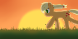 Size: 1264x632 | Tagged: safe, artist:abstract-spectrum, applejack, g4, female, grass, running, solo, sunset