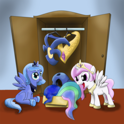 Size: 1000x1000 | Tagged: safe, artist:cyb3rwaste, princess celestia, princess luna, alicorn, pony, g4, armor, box, filly, wardrobe, wig