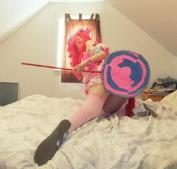 Size: 2806x2683 | Tagged: safe, artist:cruel-quillish, pinkie pie, human, g4, bed, cosplay, covering, irl, irl human, photo, solo