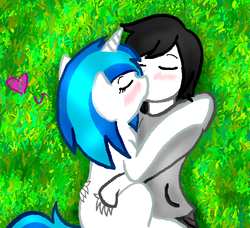 Size: 636x580 | Tagged: safe, artist:dj-sky-storm-117, dj pon-3, octavia melody, vinyl scratch, human, pony, unicorn, g4, duo, female, human on pony action, humanized, humanized human on pony action, kiss on the lips, kissing, lesbian, mare, ship:scratchtavia, shipping