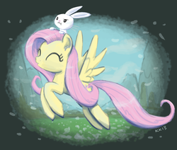 Size: 1000x847 | Tagged: safe, artist:king-kakapo, angel bunny, fluttershy, pegasus, pony, g4, :t, ^^, eyes closed, on head