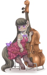 Size: 561x900 | Tagged: safe, artist:hoihoi, octavia melody, earth pony, semi-anthro, g4, arm hooves, blushing, bow, bow (instrument), bowtie, breasts, busty octavia melody, cello, clothes, dress, female, hooves, musical instrument, pantyhose, pixiv, solo, tail bow