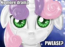 Size: 960x703 | Tagged: safe, sweetie belle, pony, unicorn, g4, crying, drama, female, filly, foal, image macro, lip bite, sad, solo