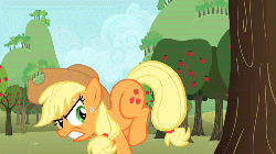 Size: 500x281 | Tagged: safe, screencap, applejack, g4, season 2, the super speedy cider squeezy 6000, animated, apple, apple tree, bucking, female, gritted teeth, kicking, solo, sweat, sweet apple acres, tree