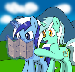 Size: 1010x960 | Tagged: safe, artist:haxorus31, lyra heartstrings, minuette, pony, unicorn, g4, magic, map, telekinesis