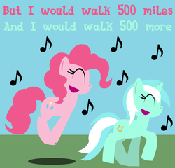 Size: 599x576 | Tagged: safe, artist:sonic-chaos, lyra heartstrings, pinkie pie, pony, g4, 500 miles, happy, lyrics, music notes, pronking, singing, song, song reference, the proclaimers