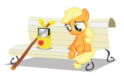 Size: 2112x1320 | Tagged: safe, artist:necr0manc3r, applejack, earth pony, pony, g4, bench, bindle, cute, female, filly, filly applejack, freckles, jackabetes, origins, simple background, solo, transparent background, younger