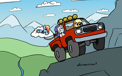 Size: 1247x785 | Tagged: safe, artist:mindofnoodles, applejack, rainbow dash, rarity, g4, cloud, cloudy, mountain, rope, sleeping, truck