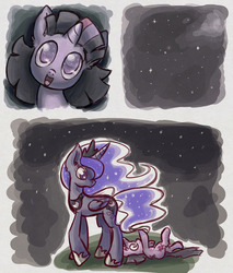 Size: 874x1027 | Tagged: safe, artist:gachucho, princess luna, twilight sparkle, g4, comic, filly, night, on back, playing with tail, stargazing, stars, tail, the cosmos