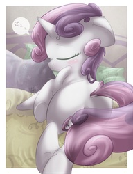 Size: 1016x1323 | Tagged: safe, artist:sip, sweetie belle, pony, unicorn, g4, blushing, butt, cute, diasweetes, dock, featureless crotch, female, filly, foal, hooves, plot, sleeping, solo, zzz