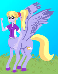 Size: 1626x2062 | Tagged: safe, artist:oneovertwo, cloud kicker, cloudy kicks, centaur, ponytaur, equestria girls, g4, background human, female, fusion, pegataur, solo, what has science done