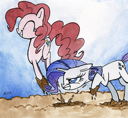 Size: 500x460 | Tagged: safe, artist:imovedthestars, pinkie pie, rarity, g4, eyes closed, mud, pronking, traditional art