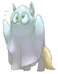 Size: 1280x1632 | Tagged: safe, artist:secretgoombaman12345, derpy hooves, ghost, pegasus, pony, ask chubby diamond, g4, bedsheet ghost, clothes, costume, cute, female, ghost of christmas derp, mare, simple background, solo, transparent background
