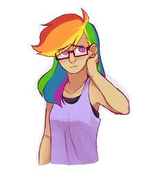 Size: 1280x1496 | Tagged: dead source, safe, artist:chiptoony, rainbow dash, human, g4, female, glasses, humanized, light skin, simple background, solo, white background