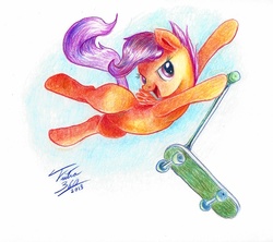 Size: 600x532 | Tagged: safe, artist:tsitra360, scootaloo, g4, female, scooter, solo, stunt, traditional art