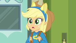 Size: 1920x1080 | Tagged: safe, screencap, applejack, equestria girls, g4, my little pony equestria girls, applejack's hat, cowboy hat, female, hat, shocked, solo, wondercolts