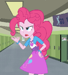 Size: 600x660 | Tagged: safe, artist:sersys, pinkie pie, equestria girls, g4, magic duel, animated, arrow, canterlot high, cartoon physics, clothes, computer, disembodied mouth, equestria girls interpretation, female, i have no mouth and i must scream, modular, mouse cursor, no mouth, scene interpretation, skirt, solo, teenager, trash, trash can