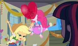 Size: 1156x689 | Tagged: safe, screencap, applejack, pinkie pie, twilight sparkle, equestria girls, g4, balloon