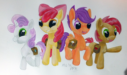 Size: 1000x595 | Tagged: safe, artist:frozenpyro71, apple bloom, babs seed, scootaloo, sweetie belle, g4, cutie mark crusaders, traditional art