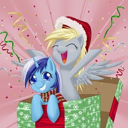 Size: 800x800 | Tagged: safe, artist:dstears, derpy hooves, minuette, pegasus, pony, g4, clothes, female, mare, pony in a box, scarf