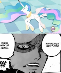 Size: 1000x1192 | Tagged: safe, edit, edited screencap, screencap, princess celestia, a canterlot wedding, g4, my little pony: friendship is magic, manga, one piece, sad but true, trafalgar d. water law