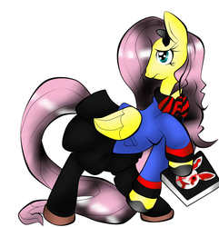 Size: 1240x1288 | Tagged: safe, artist:luxnero, fluttershy, pegasus, pony, rabbit, g4, animal, blood, clothes, crossover, female, fluttergoth, fourze-stallion, goth, hairpin, mare, solo