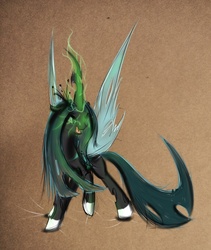 Size: 1600x1894 | Tagged: safe, artist:spacehunt, queen chrysalis, changeling, changeling queen, g4, angry, crown, female, fury, glowing, glowing horn, horn, jewelry, magic, paper, queen, rage, regalia, solo