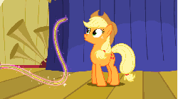 Size: 853x480 | Tagged: safe, screencap, applejack, earth pony, pony, boast busters, g4, animated, apple, apple gag, bound and gagged, female, food, gag, hogtied, implied trixie, jackabuse, lasso, magic, mare, offscreen character, on back, rope, solo, tied up