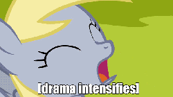 Size: 640x360 | Tagged: safe, artist:mixermike622, edit, editor:pink amena, derpy hooves, oc, oc:fluffle puff, pegasus, pony, g4, animated, descriptive noise, drama, duo, eyes closed, female, image macro, mare, meme, open mouth, screaming, vibrating, x intensifies