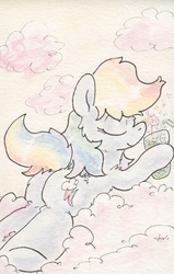 Size: 509x799 | Tagged: safe, artist:slightlyshade, rainbow dash, g4, butt, cloud, cloudy, cocktail, cocktail umbrella, drink, female, glass, plot, solo, traditional art