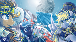 Size: 800x450 | Tagged: safe, artist:saturnspace, derpy hooves, doctor whooves, star hunter, time turner, pegasus, pony, clockwise whooves, g4, :3, clockpunk, crossover, death star, female, incubator (species), jack harkness, kyubey, mare, puella magi madoka magica, sky lynx, star wars, transformers
