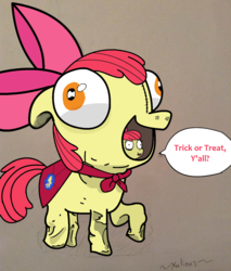 Size: 1069x1254 | Tagged: safe, artist:xulious, apple bloom, earth pony, pony, g4, apple bloom's bow, bow, cape, clothes, cmc cape, costume, female, filly, hair bow, kigurumi, nightmare fuel, pony costume, ponyception, raised hoof, solo, thousand yard stare, y'all