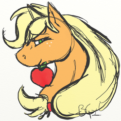 Size: 508x511 | Tagged: safe, artist:bootsa81, applejack, g4, apple, female, mouth hold, obligatory apple, portrait, solo