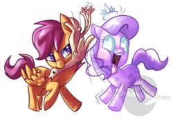 Size: 680x470 | Tagged: safe, artist:lunchwere, diamond tiara, scootaloo, g4, rubber chicken